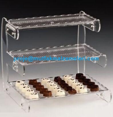 Çikolata Teşhir Standı:Teşhir standı modellerinden olan bu çikolata teşhir standının imalatı 32x30x29 cm ölçüsünde 3 katlı yapılmış olup çikolata, kurabiye vb. ürünleri sergilemenizi sağlar - Çikolata teşhir standı satışı 0212 2370759