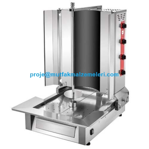 4 Radyanlı Elektrikli Döner Ocağı: 520x700x1400mm ölçülerinde, 5400W güç, seramik rezistanslı, Robax termal cam korumalı ve 60 kg et kapasiteli profesyonel döner pişirme makinesi. #DönerEkipmanları #DönerOcağı