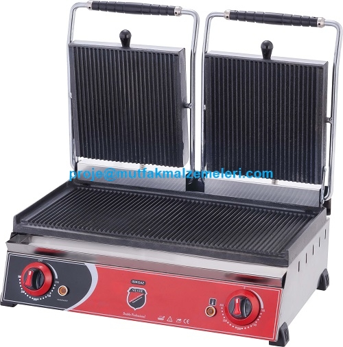 54x36x21 cm ölçülerinde 304 kalite paslanmaz çelik gövdeli profesyonel elektrikli tost makinesi; çift kapaklı, 20 dilim kapasiteli, ağır hizmet tipi döküm yüzeyli sanayi tipi tost makinesi görseli. 2500W gücünde CE belgeli büfe tipi ısıtıcı ekipman.