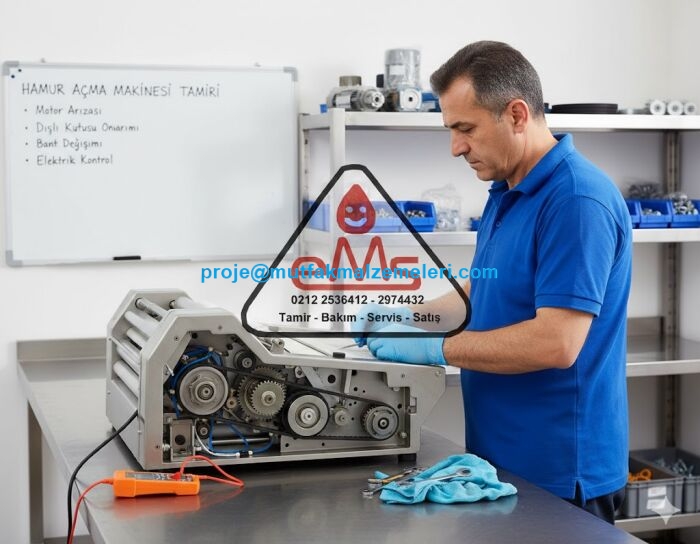 Endüstriyel hamur açma makinelerinde meydana gelen dişli aşınmaları, elektrik arızaları ve kalınlık ayar mekanizması bozulmaları için profesyonel onarım. Atölyemize ulaştırılan cihazlarda titiz arıza tespiti ve kaliteli yedek parça ile servis sunuyoruz.