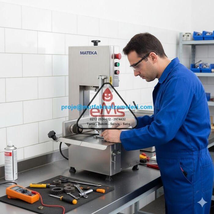 Sanayi tipi kemik kesme makinelerinde paslanmaz yaylık çelik bıçak imalatı ve parça değişimi. Testere bıçağı, motor ve kayış arızalarında orijinal yedek parça desteğiyle makinelerinizin kesim performansını ilk günkü haline getiriyoruz.