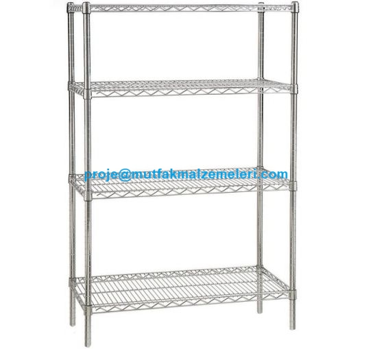 46x107x183 cm boyutlarında, 4 katlı, yüksekliği ayarlanabilir raflara sahip, 304 kalite paslanmaz çelik endüstriyel mutfak ve soğuk oda istif rafı.