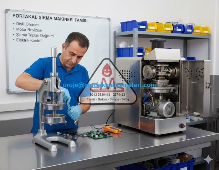 Sanayi tipi narenciye sıkma makinelerinde meydana gelen mekanik kırılmalar, motor arızaları ve sensör hataları için profesyonel atölye hizmeti. Hem kollu hem de tam otomatik portakal sıkma makineleri için orijinal yedek parça ve titiz işçilik desteği.