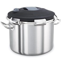 32 cm çapında ve 30 cm derinliğinde, parlak paslanmaz çelik yüzeyli 23 litre düdüklü tencere. Çift emniyet ventil sistemli kapağı, dayanıklı bakalit kulpları ve kalın taban yapısıyla sanayi tipi profesyonel mutfak pişirme ekipmanı.