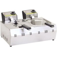 55x62x35,5 cm ölçülerinde, çift hazneli (5+5 Lt), paslanmaz çelik gövdeli ve kapaklı 2 sepetli elektrikli fritöz. Çıkarılabilir çelik yağ tankı ve tutacaklı sepetleri bulunan, çift emniyet termostatlı endüstriyel patates kızartma makinesi.