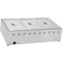 102x57x25 cm ölçülerinde, 3 adet GN 1/1 küvet kapasiteli, paslanmaz çelik gövdeli, termostat kontrollü set üstü elektrikli yemek sıcak tutucu (Bain Marie). Profesyonel mutfaklar için sulu sistem ısıtma özelliğine sahip endüstriyel yemek servis ekipmanı.