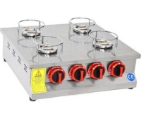 Paslanmaz çelikten üretilmiş, set üstü kullanıma uygun 4 brülörlü profesyonel künefe ocağı. 50x50x18 cm ölçülerinde, gaz kontrol düğmeleri bulunan, kebapçı ve restoran tipi geleneksel künefe pişirme ekipmanı.