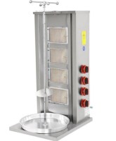 4 radyanlı paslanmaz çelik doğalgazlı döner ocağı; bağımsız kumanda edilebilir seramik taşlı radyanlar, ayarlanabilir döner şişli, 90 cm yüksekliğinde profesyonel büfe ve restoran tipi döner kebap pişirme makinesi.