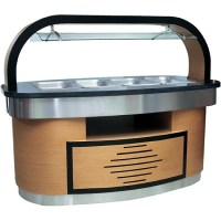 Ahşap Gövdeli Açık Büfe Benmari: 183x97x150 cm ölçülerinde, 4xGN 1/1 küvet kapasiteli, granit tablalı, gizli tekerlekli ve aydınlatmalı profesyonel sıcak servis ünitesi. #Benmari #RestoranEkipmanları