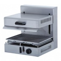 Paslanmaz çelikten üretilmiş, hareketli üst gövdeye (asansörlü) sahip, alt tepsisi nemlendirme için su doldurulabilir profesyonel elektrikli salamander ızgara görseli. Yemek kızartma ve sıcak tutma ünitesi.