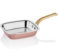 12x14 cm ölçülerinde, 3 katmanlı bakır kaplı kare sunum sahanı. Paslanmaz çelik iç yüzeyi ile kalay gerektirmez, pirinç sapı ve bakır dış yüzeyi ile şık kahvaltı sunumları için idealdir.