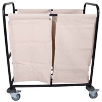 Elektrostatik boyalı metal iskelet üzerine monte edilmiş, dayanıklı bez brandaya sahip, çarpma lastikli ve frenli tekerlekli profesyonel otel tipi çamaşır toplama arabası.