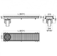 210 mm genişlik, 1618 mm uzunluk ve 180 mm derinlik ölçülerindeki bu model, geniş zeminlerde etkin drenaj sağlar. DN50 (Ø50 mm) veya DN70 (Ø75 mm) pimaş boru bağlantı seçenekleriyle her türlü tesisat altyapısına tam uyum gösterir.