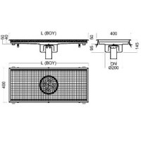 400x2068x145 mm ölçülerinde imal edilen paslanmaz yer kanalı. DN50 ve DN70 pimaş borulara tam uyumlu bağlantı noktaları ve teknik şartnameye uygun gövde yapısıyla profesyonel projeler için tasarlanmış geniş kapasiteli tahliye kanalı.