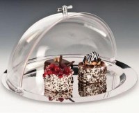 Paslanmaz çelik tepsili servis fanusu. Şeffaf akrilik kapaklı, geniş tabanlı profesyonel sunum ünitesi. Pasta, börek ve kahvaltılıklar için uygun paslanmaz servis tepsisi ve fanus takımı. #celiktepsilifanus #servisunitesi #sunum