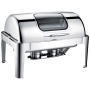 Şık ve dayanıklı roll top kapaklı chafing dish.