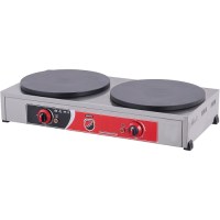 Paslanmaz çelik kasalı, iki adet 40 cm çapında pleyti bulunan, termostatik ısı ayarlı profesyonel elektrikli çiftli krep makinesi görseli. Büfe ve restoran tipi krep pişirme ocağı.