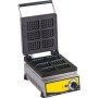 48x32x24 cm ölçülerinde paslanmaz çelik gövde, otomatik termostat ve 1500W elektrik gücü. Çubukta waffle pişirmek için tasarlanmış kalın döküm plakalı profesyonel makine.