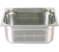 GN 1/2 150 mm ölçülerinde delikli paslanmaz gastronom kap. 325x265 mm dış ölçü, 9.5 litre hacim. Gastronomi standartlarında üretilmiş, tabanı ve yanları delikli yapıda, sanayi tipi profesyonel mutfak süzgeçli küvet modeli.