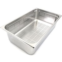 İmalatçısı 1/1-150 mm Delikli Gastronom Kap:Paslanmaz krom çelik yapı, 21 litre hacim. 53x32.5 cm dış ölçülerinde, sanayi tipi sebze süzdürme ve peynir süzme küveti. Gastronomi standartlarına tam uyumlu profesyonel tasarım. #GastronomKap #DelikliKüvet