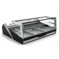 AISI 316 paslanmaz çelik gövdeli, katlanabilir ön camlı ve çift girişli (ön-arka) profesyonel balık ve soğuk gıda vitrini görseli. Set üstü kullanıma uygun, statik soğutmalı ünite.