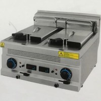 60x63x30 cm ölçülerinde, dijital ekranlı ve çift sepetli profesyonel elektrikli fritöz; paslanmaz çelik gövdeli, tahliye vanalı, hareketli ısıtıcılı 8+8 litre kapasiteli sanayi tipi kızartma makinesi görseli. 18 kW yüksek performanslı ısıtıcı sistemi.