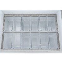 Uğur UDR 10 SCE model, B enerji sınıfı, statik soğutmalı ve LED aydınlatmalı profesyonel dondurma reyonu. 10 adet 5 litrelik paslanmaz kaseli, temperli servis camlı, -18/-23°C sıcaklık aralığına sahip dondurma teşhir ve satış dolabı, frenli tekerlekli.