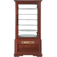 Dört tarafı camla çevrili, içinde 5 adet döner cam raf bulunan, LED aydınlatmalı ve ahşap kaplama detaylı profesyonel pasta teşhir dolabı. Pastane ve kafeler için tasarlanmış şık ve mobil soğutmalı sunum ünitesi.