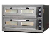 Paslanmaz çelik gövdeli, pencereli kapak tasarımına sahip, iç zemini özel ısı tutucu ateş tuğlası ile kaplanmış, aydınlatmalı ve kontrol panelli profesyonel elektrikli pizza pişirme fırını. (920x920x150 mm geniş pişirme kabini).