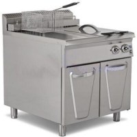 80x73x57 cm ölçülerinde, paslanmaz çelik sepetli ve kapaklı profesyonel kızartma ünitesi. Yağ boşaltma borulu ve rotil ayaklı otel tipi dikey fritöz görseli. #PatatesKızartma #Mutfak