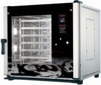 6 tepsili elektrikli konveksiyonlu fırın; paslanmaz çelik gövdeli, dokunmatik kontrol panelli, 400x600 mm tepsi uyumlu, iğne termometreli ve buhar fanlı profesyonel restaurant tipi yemek ve pastane pişirme fırını.