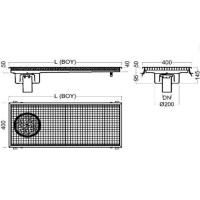 400x1183 mm dış ölçülere sahip yer ızgarasının 165/185 mm eğimli derinliği ve DN50/DN70 pimaş uyumlu alt çıkış detaylarını gösteren teknik görünüm. Geniş yüzey alanı sayesinde yüksek debili suları kolayca toplar.