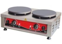 90 cm genişliğinde paslanmaz çelik gövdeli çiftli krep makinesi. 400 mm çapında teflon kaplamalı döküm pişirme yüzeyleri, paslanmaz rezistanslar ve bağımsız ısı kontrolüne sahip sanayi tipi profesyonel krep pişirme ünitesi.