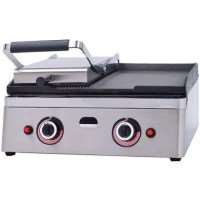Gazla çalışan, hem tost hem ızgara yapabilen 52x54x34.5 cm ölçülerinde sanayi tipi pişirici. Yarısı oluklu yarısı düz ızgara yüzeyine sahip, dayanıklı gaz musluklu ve brülörlü profesyonel ızgaralı tost makinesi.