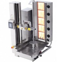 5 radyanlı tam otomatik gazlı döner pişirme ve kesme robotu; dokunmatik ekranlı kontrol paneli, patentli hassas şiş yataklama sistemi, çıkarılabilir temizlenebilir parçaları ve sökülebilir raylı et haznesi bulunan endüstriyel döner kesme robotu.