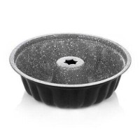 Granit efektli kaplamaya sahip, yuvarlak formlu dayanıklı alüminyum kek kalıbı. Yüksek ısı iletkenliği sağlayan iç yüzeyi ve modern dış tasarımı ile mutfaklar için uzun ömürlü, yanmaz yapışmaz kek pişirme kalıbı.