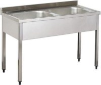 1200x600x850 mm boyutlarında paslanmaz krom çelik iki evyeli bulaşık yıkama tezgahı, çift küvetli, arka sırtlı ve plastik rotil ayaklı sanayi tipi profesyonel mutfak hazırlık tezgahı.