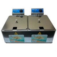 Yan yana iki adet 5 litrelik yağ haznesi ve sepeti bulunan, paslanmaz çelik gövdeli profesyonel ikili elektrikli fritöz. Üst panelinde bağımsız sıcaklık ayar düğmeleri yer alan, sanayi tipi tezgah üstü patates kızartma makinesi.