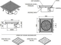 30x30 cm yer süzgecinin boyutlarını ve su tahliye akışını gösteren teknik şema ve inoks gövdeden giren atık suyun, koku önleyici sifondan süzülerek alttan pimaş boruya aktarılmasını sunan işleyiş görseli.