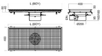 400x1183 mm dış ölçülere sahip yer ızgarasının 165/185 mm eğimli derinliği ve DN50/DN70 pimaş uyumlu alt çıkış detaylarını gösteren teknik görünüm. Geniş yüzey alanı sayesinde yüksek debili suları kolayca toplar.