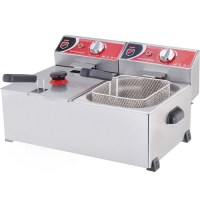 İki adet bağımsız pişirme haznesine sahip, paslanmaz çelik gövdeli ve kapaklı profesyonel kafe tipi fritöz. Uzun süre dayanıklı tel sepetleri, ön paneldeki kontrol düğmeleri ve şık tasarımıyla 5+5 litrelik sanayi tipi elektrikli kızartma makinesi.