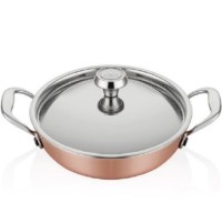 20 cm çapında, paslanmaz iç yüzeyli ve dışı gerçek bakır kaplamalı, özel kapaklı profesyonel yumurta sahanı - Multi-metal pişirme teknolojisi.