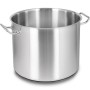 Mutfak tezgahında duran, yansıtıcı yüzeylere sahip, 20x17 cm boyutlarında, 5.3 litre kapasiteli, profesyonel kullanıma uygun kapaksız çelik silindirik tencere.