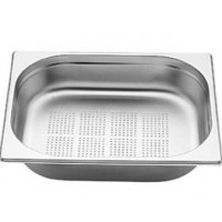 GN 1/2 100 mm ölçülerinde, paslanmaz çelikten imal edilmiş profesyonel gastronom sebze yıkama ve saklama küveti. 325x265 mm dış ölçüye ve 10 cm derinliğe sahip, pürüzsüz yüzeyli, darbelere dayanıklı sanayi tipi orijinal mutfak küveti modeli.