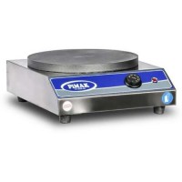 Paslanmaz çelik gövdeli, yuvarlak pleytli elektrikli profesyonel krep makinesi; 38x46x15 cm ölçülerinde, 17 kg ağırlığında, termostat ayarlı endüstriyel krep pişirme ekipmanı.