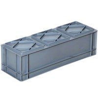 ST6217 model gri plastik malzeme düzenleme kasası. 20x60x17 cm boyutlarında, kapalı elcikli, UV ışınlarına dayanıklı endüstriyel istifleme kutusu. Çapraz kilitli taban yapısı ve %100 birinci kalite PP gövdeye sahip parça düzenleyici kutu görseli.