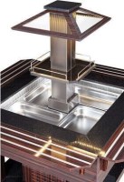 Otel, fabrika ve restoranlarda zeytinyağlı, meze ve meyve servisi için kullanılan elektrikli açık büfe soğutma standı. 120x120 cm kare tasarımıyla her yönden servis imkanı sunan, cam siperlikli ve ahşap dekorlu soğuk teşhir dolabı.