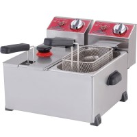 37,5x56x37 cm ölçülerinde, çift hazneli paslanmaz çelik patates kızartma makinesi. Çıkarılabilir gastronom küvetli, paslanmaz kapaklı ve uzun ömürlü kızartma sepetlerine sahip 4000 Watt gücünde profesyonel set üstü elektrikli fritöz modeli.