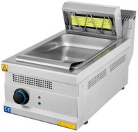 Set üstü patates sıcak tutucu ünitesi; porselen ısıtıcı lambalı, paslanmaz çelik gövdeli, süzgeçli patates bekletme haznesi, 40 cm genişliğinde 220V profesyonel fast food tipi patates dinlendirme ve yağ süzme makinesi.