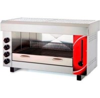 Gazlı asansörlü salamander ızgara, 4 radyanlı ısıtma sistemine sahip paslanmaz çelik gövdeli pişirme yüksekliği ayarlanabilir profesyonel mutfak ekipmanı.